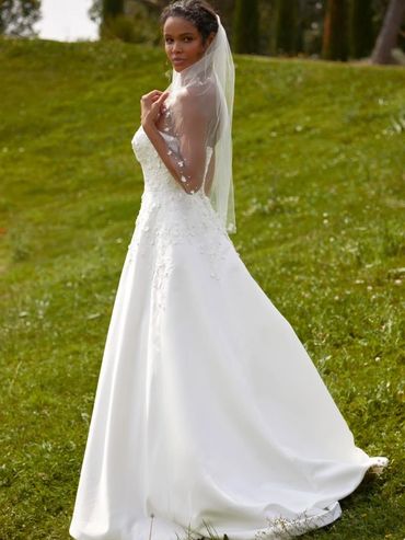 strapless satin aline wedding dress with 3d floral applique details