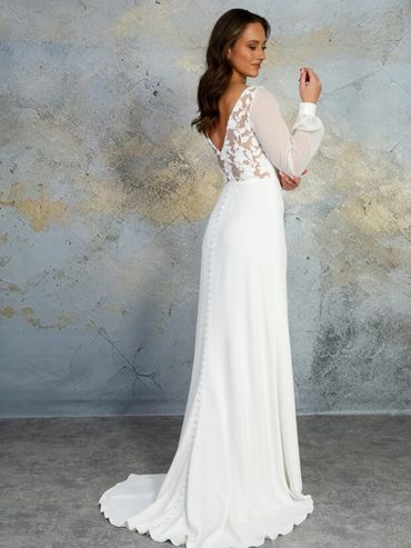 ivory chiffon and lace sheath dress with bishops sleeves