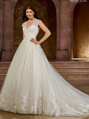 full lace and tulle princess gown with deep v neck and cap sleeve