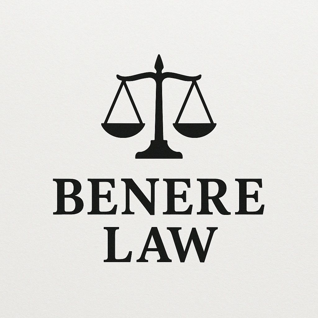 Black scales of justice above the text 'BENERE LAW' on a white background.
