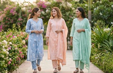 Three women in pastel-colored traditional outfits walk and smile in a garden.