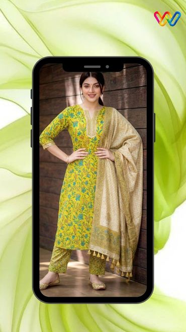 Woman in a yellow floral printed traditional outfit with a beige dupatta.