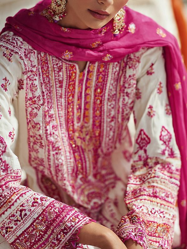 Close-up of a woman wearing a white and pink embroidered traditional dress with a matching pink dupatta.