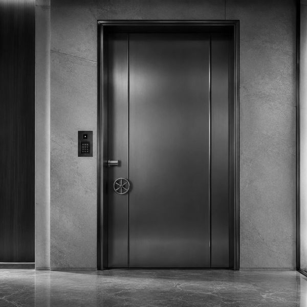 A sleek, modern door with a unique wheel handle and keypad access on a polished marble floor.