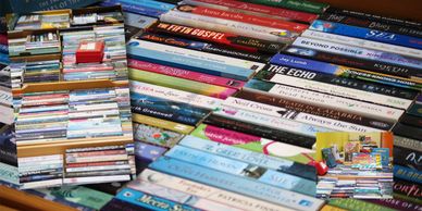 Books and games in display rack
