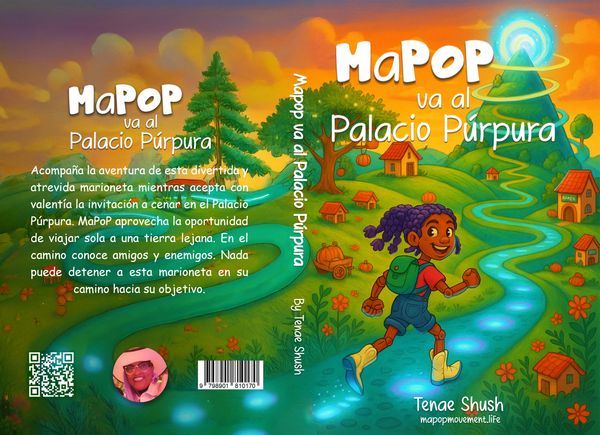Colorful book cover showing a girl on a magical adventure to Palacio Púrpura.