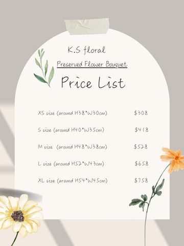 Price list for preserved flower bouquets in various sizes.