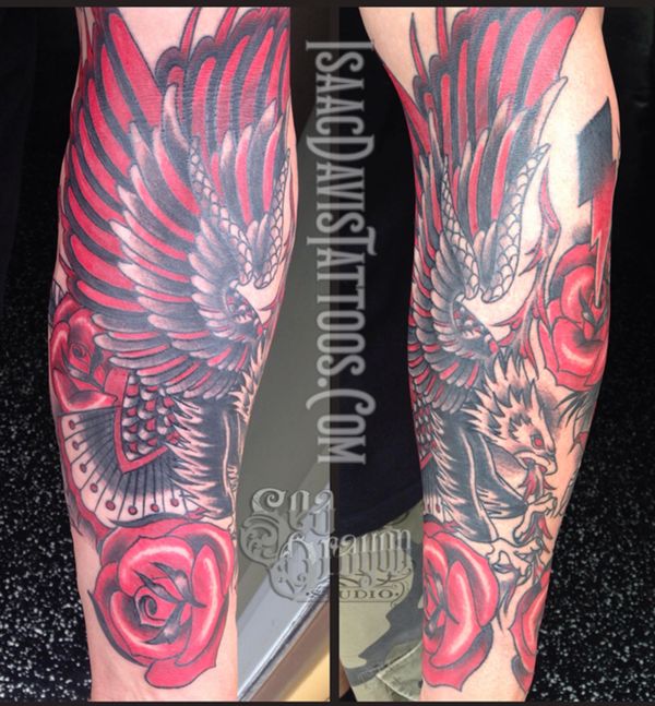 Neotraditional Eagle arm sleeve tattoo 