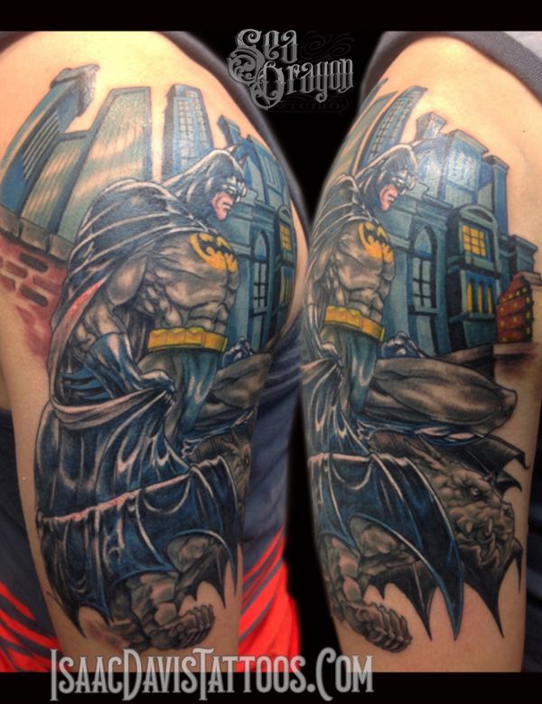 Batman upper arm tattoo sleeve joker arkham asylum bruce wayne 