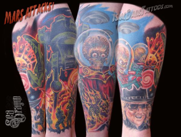 Mars attacks lower leg sleeve tattoo