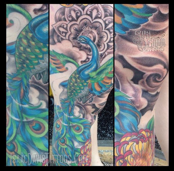Peacock leg sleeve tattoo