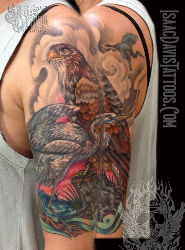 Falcon and crane tattoo 