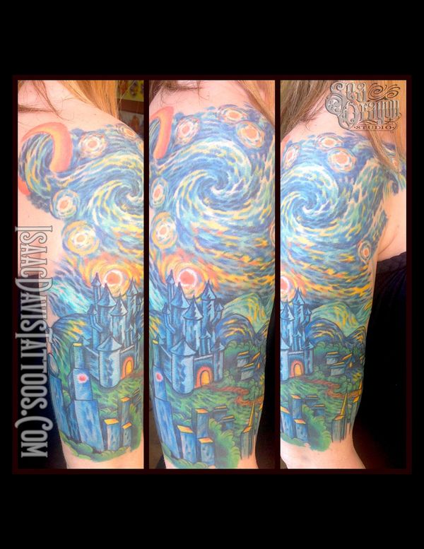 A starry night inspired half sleeve tattoo was drawn directly onto the skin with markers. 