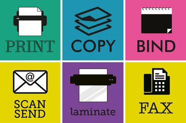 Printing services, laminating services, binding services, wire binding, scanning, fax, photocopy