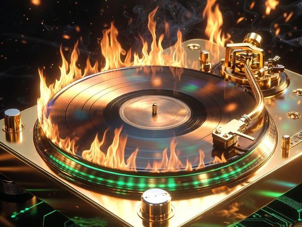 A flaming golden turntable with a vinyl record.