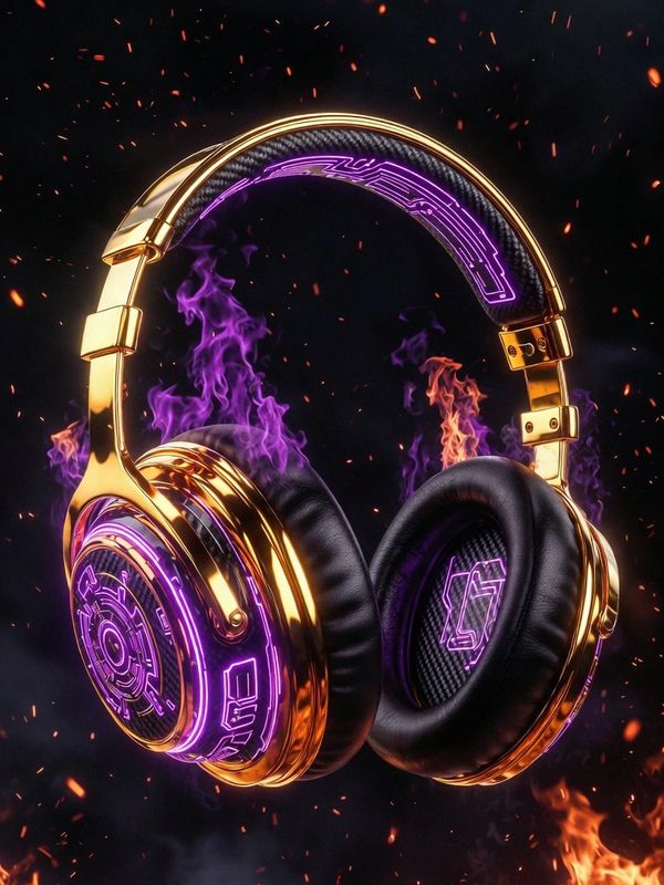 Golden headphones with purple neon lights and flames.