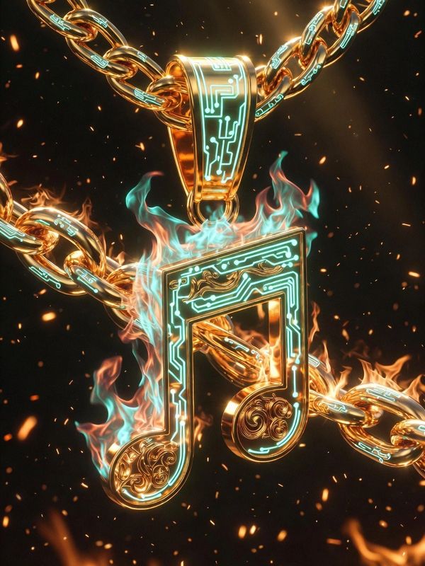 Glowing musical note pendant with flames on a golden chain.