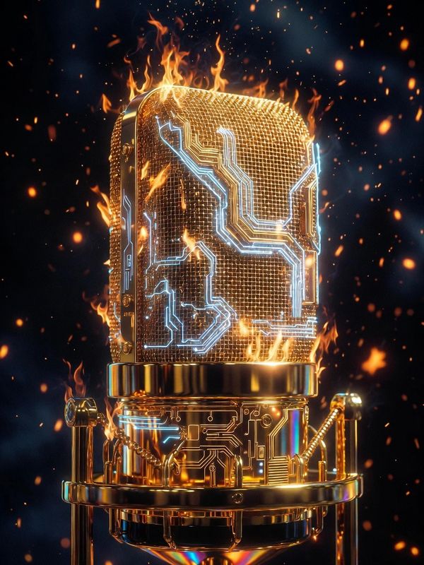 Futuristic microphone engulfed in flames with glowing circuits.