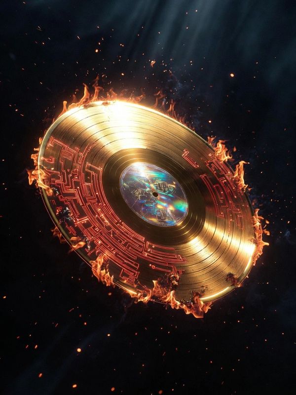 A flaming golden vinyl record with red circuit patterns.