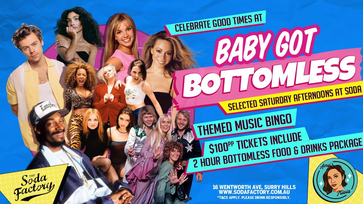 Event poster for Baby Got Bottomless at The Soda Factory with celebrity images.