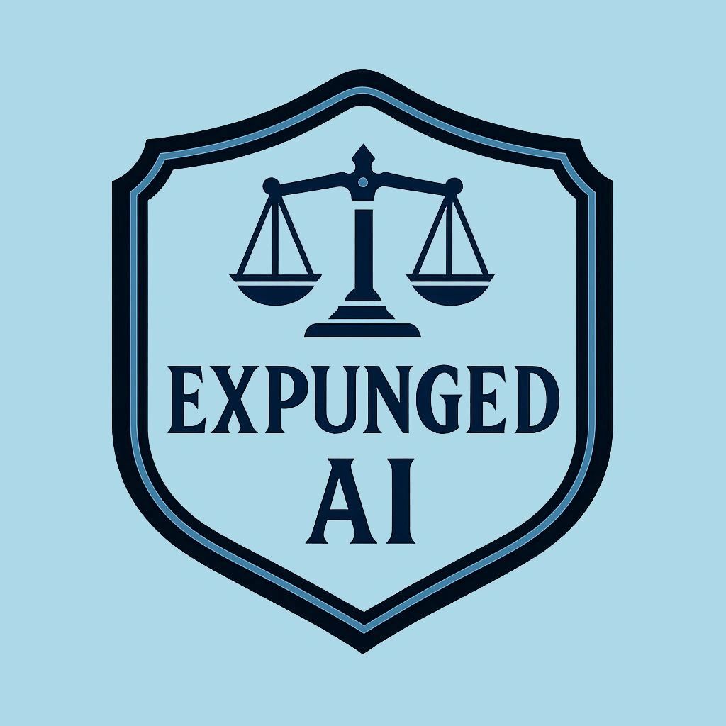 Logo with scales of justice and text 'EXPUNGED AI' on a blue shield.