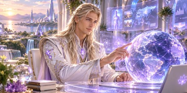 Elf-like figure interacting with a glowing futuristic globe.