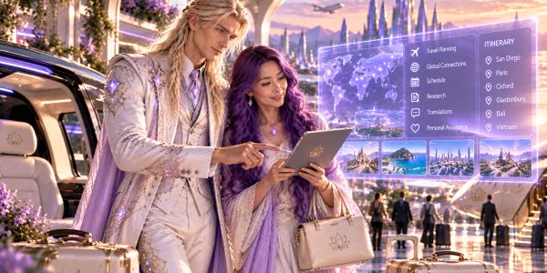 Fantasy couple planning a luxurious trip with futuristic holograms.