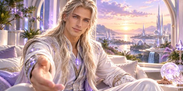 Fantasy figure with long blonde hair reaching out in a mystical setting.