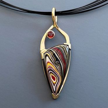 Fordite and Zircon, 14k Yellow Gold.  INQUIRE FOR PRICING