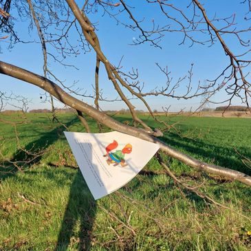 Squirrel picture waving in the wind attached to a tree.