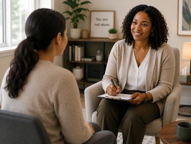 Therapist listening to a patient in a cozy office.