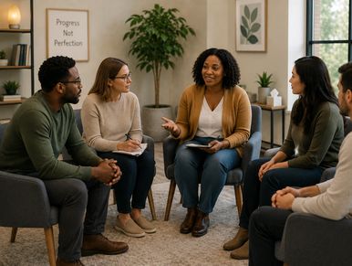 A group therapy session with people sitting and listening attentively.