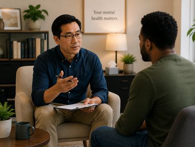 Therapist talking to patient in counseling session.