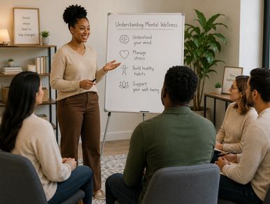 Woman leading a mental wellness workshop with diverse participants.