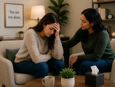 A woman comforts another woman who looks distressed.