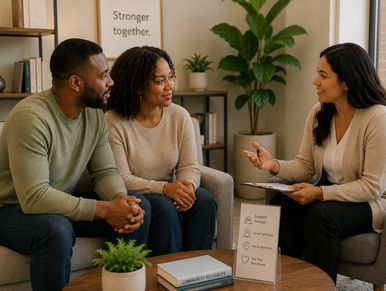 Couple talking with counselor in a cozy office.