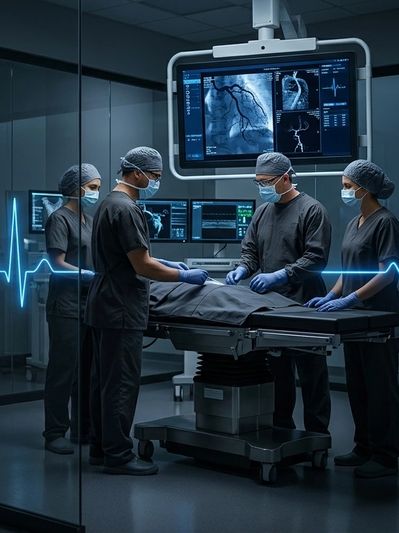 Medical team performing surgery in advanced operating room.