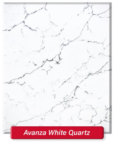 Avanza White Quartz (2cm) features a white base with dark grey veining throughout.