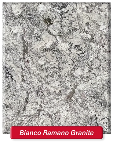 Bianco Ramano Granite features a white base with grey and black pattern throughout.