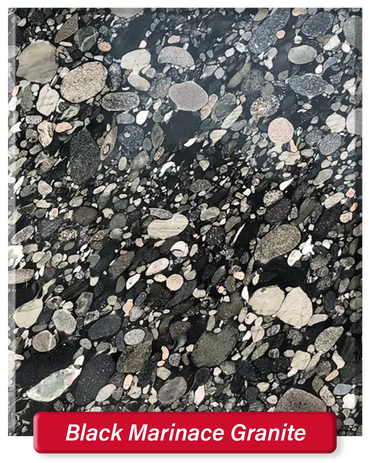 Black Marinace Granite features a black base with small to large sized circles of various colors.
