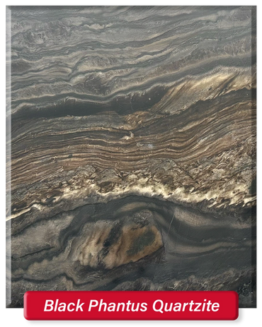 Black Phantus Quartzite (leathered) features a black base with beiges and whites throughout.