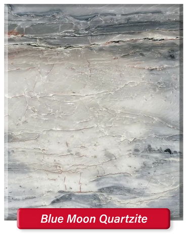 Blue Moon Quartzite features a white and dark grey base with some dark veining. Also translucent.