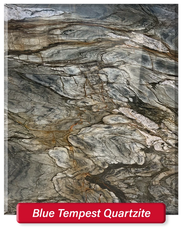 Blue Tempest Quartzite features many colors such as blue, grey, white, brown, and green.
