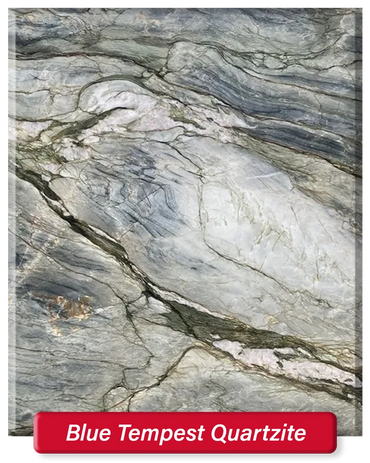 Blue Tempest Quartzite features a blue, white, and green base with dramatic veining.