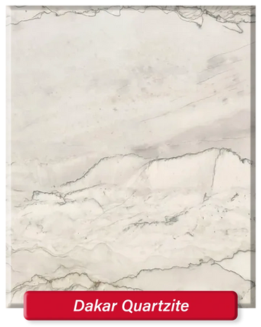Dakar Quartzite features a light grey/white base with subtle dark grey veining.