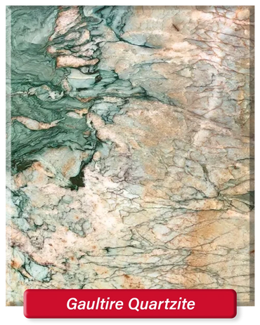 Gaultire Quartzite features green, cream and orange throughout with some dramatic pops of color.