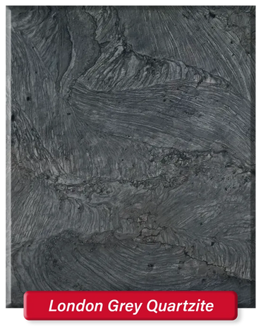 London Grey Quartzite features a dark grey (almost black base) with some dramatic streaks.