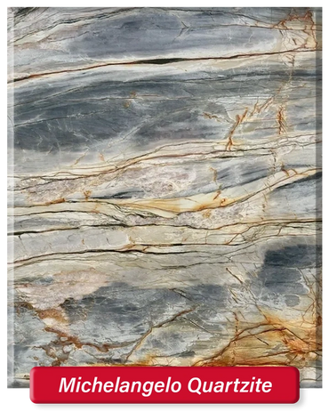 Michelangelo Quartzite features blue, orange, pink, and green coloring throughout. Dramatic veins.
