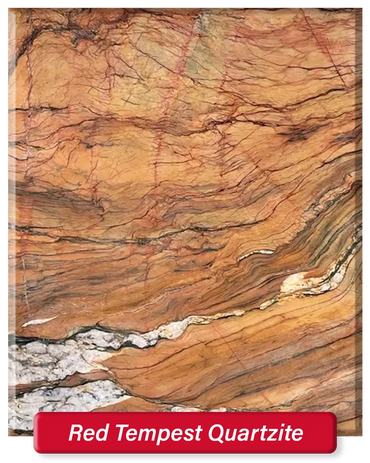 Red Tempest Quartzite features a red base with dramatic veining of white and dark red.