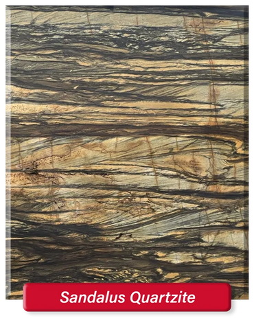 Sandalus Quartzite features a light brown base with dark dramatic veining. Sold in leathered finish.